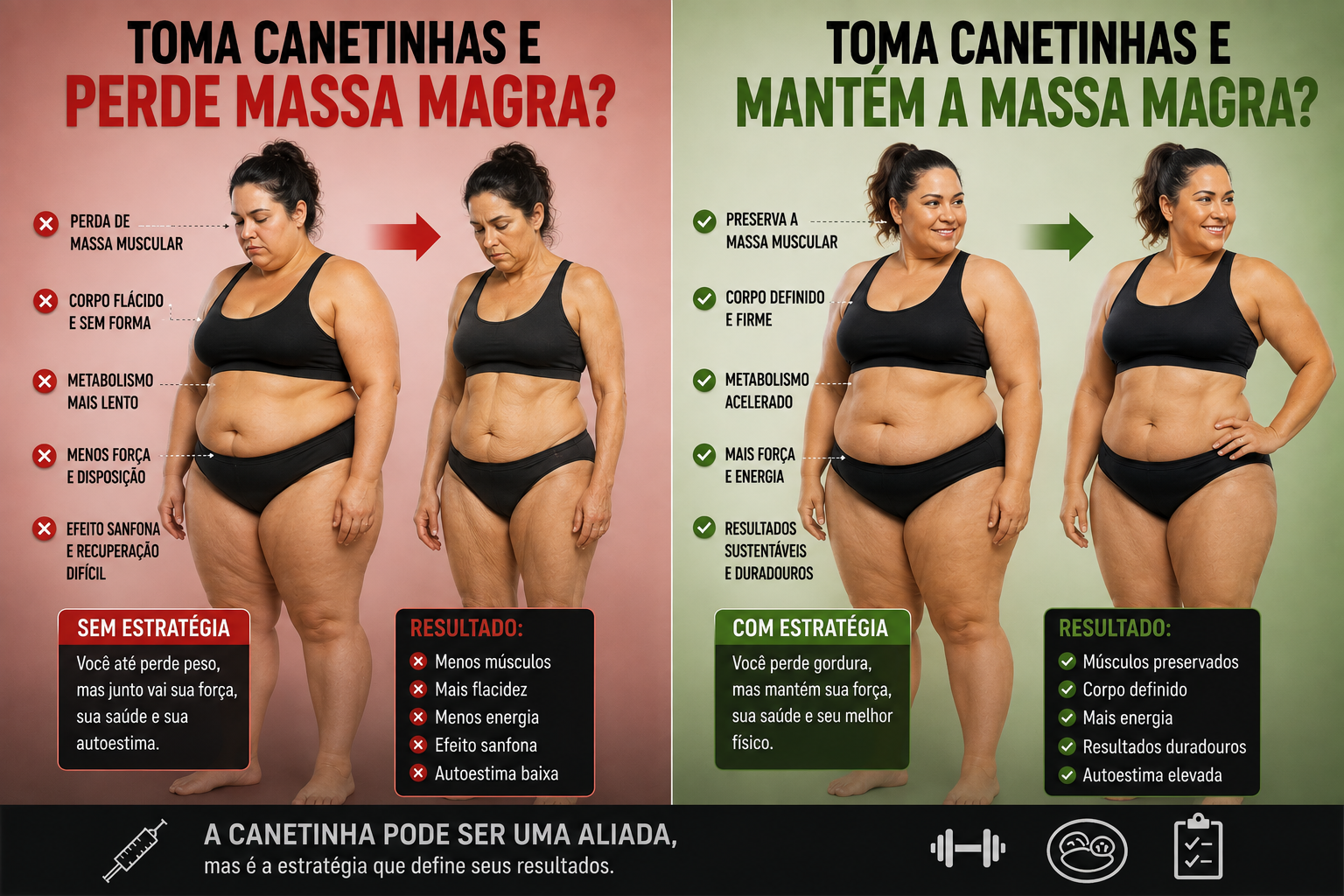 Comparativo lado a lado: à esquerda, resultado sem estratégia de treino durante o uso de canetinhas, com perda de massa muscular, corpo flácido e menos energia; à direita, resultado mantendo a massa magra, com corpo definido, mais energia e resultados duradouros.